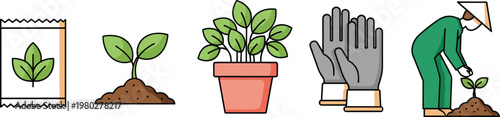 Gardening lifecycle icons showing seed germination plant growth potted plant gloves and farmer planting, eco agriculture vector illustration set