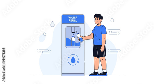 Man Refilling Water Bottle at Public Water Refill Station, Sustainable Lifestyle