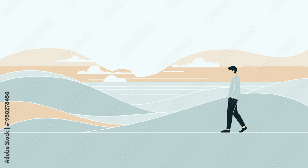 Obraz premium Man walking on a path through abstract rolling hills and ocean landscape, serene, minimalist