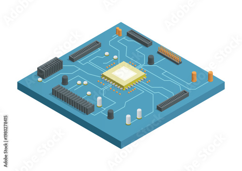 Isometric Blue Computer Circuit Board and Microchip