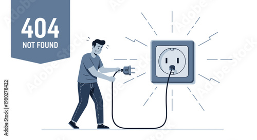 Man struggling with unplugged power cord, 404 Not Found error concept