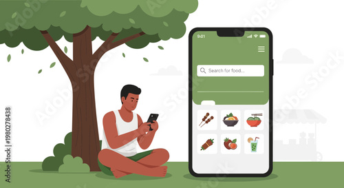 Man using food delivery app on phone under tree, ordering lunch online