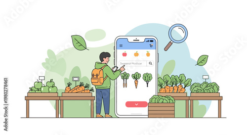 Man using mobile app to shop for fresh organic vegetables at a farmers market stall