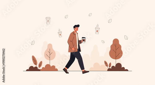 Man walking with coffee cup in autumn park, enjoying a peaceful moment