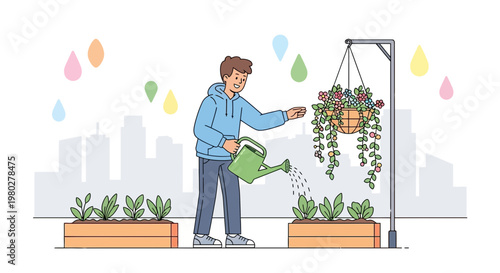 Man watering plants in urban garden, city skyline background, sustainable lifestyle