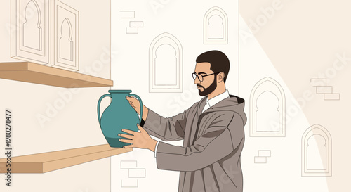 Man with beard and glasses arranging a vase on a shelf in a room with arched windows