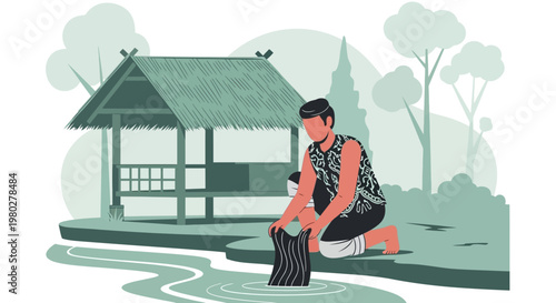Man washing clothes by a river next to a traditional hut in a rural village