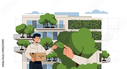 Man with package near green building, urban gardening, eco-friendly living concept