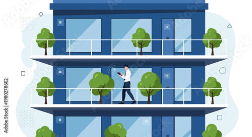 Modern apartment building with balconies, green trees, and a man using a smartphone.