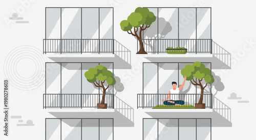 Modern apartment building balconies with trees and a person meditating