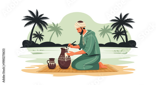 Moroccan craftsman painting pottery by the sea with palm trees