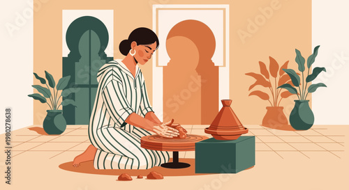 Moroccan woman crafting pottery in traditional attire, artisanal workshop, cultural heritage