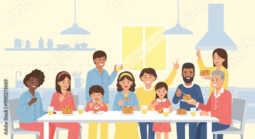 Multi-generational family enjoying pancakes and juice at a kitchen table, happy gathering