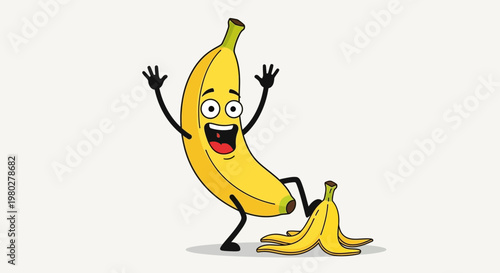 Funny Banana Character Slipping on Peel, Cartoon Fun