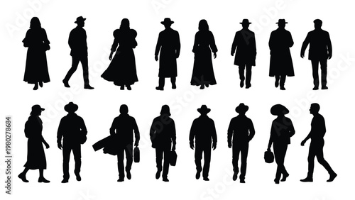 A collection of silhouetted figures predominantly adults and children dressed in vintage clothing walking in various poses high quality professional detailed