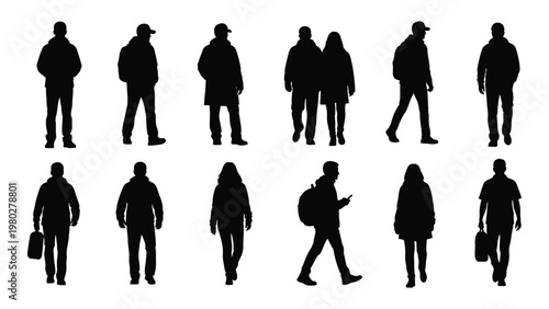 A collection of black silhouettes depicts diverse people in various poses and attire suggesting a crowd or group setting high quality