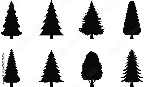 Schilderij op canvas Minimalist black silhouettes of diverse tree shapes, evergreen and deciduous out