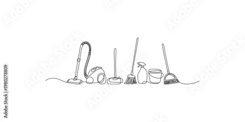 Cleaning supplies and tools line illustration including vacuum and brooms on white background broom bucket