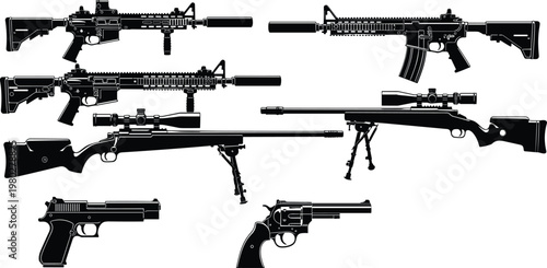 Modern tactical firearms silhouette set featuring assault rifles sniper rifles handgun pistol and revolver isolated black vector illustration collection