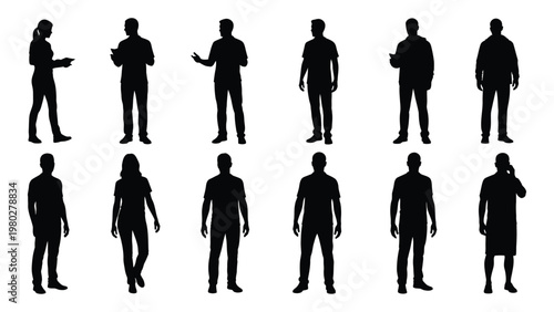 A collection of twelve silhouetted figures depicting diverse poses and genders against a clean white background high quality professional detailed modern