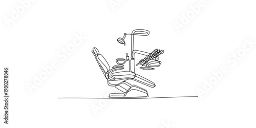 Continuous line drawing of a dentist chair with dental tools on a tray office dentistry