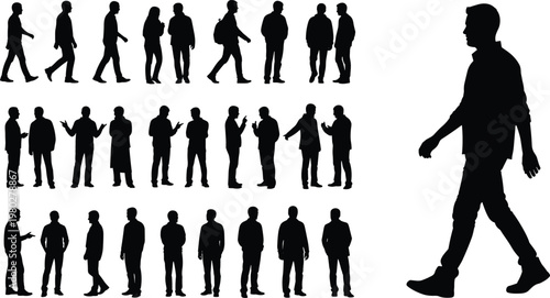 People silhouette set featuring walking, standing and talking poses, human figures collection for urban lifestyle vector illustration design