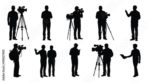 A collection of silhouettes depicting various media professionals including camera operators reporters and individuals interacting high quality professional detailed modern elegant