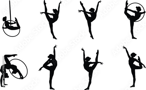 Rhythmic gymnastics silhouette collection vector set featuring flexible female athletes with hoop performing poses isolated black figures for sport design