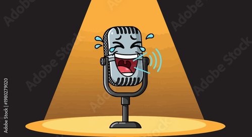 Funny Microphone Character Laughing on Stage under Spotlight