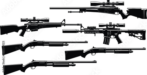 Rifle and shotgun silhouette collection vector set featuring different firearm types isolated black weapon illustrations for tactical and hunting design