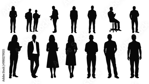 A collection of black silhouettes depicting diverse individuals in various standing and seated poses against a white background high quality professional
