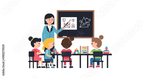 A female teacher explains a lesson on a blackboard to four schoolgirls seated at a long table with various educational toys.