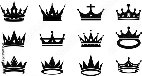 Royal crown silhouette collection featuring king queen medieval luxury crowns isolated black vector icons set for heraldic design use