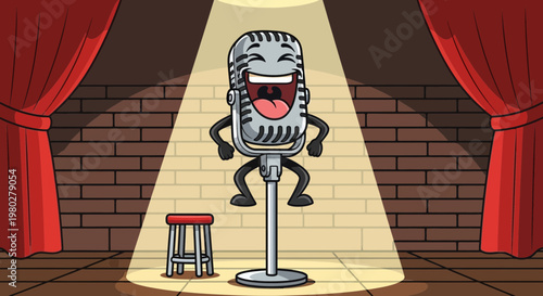 Funny Microphone Character Performing Stand-Up Comedy on Stage