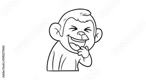 Funny Monkey Laughing Out Loud, Cartoon Illustration, Black and White Line Art