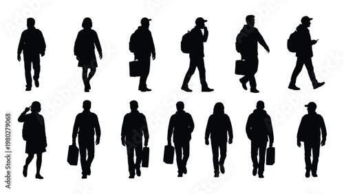 A collection of black silhouettes depicts diverse people walking carrying bags and phones suggesting a busy urban scene high quality professional
