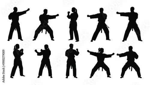 A collection of silhouette figures demonstrates various martial arts stances and movements showcasing dynamic poses and forms high quality professional detailed