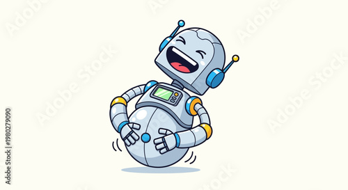 Funny Robot Laughing Out Loud, Holding Belly, Joyful Expression, Cartoon Style
