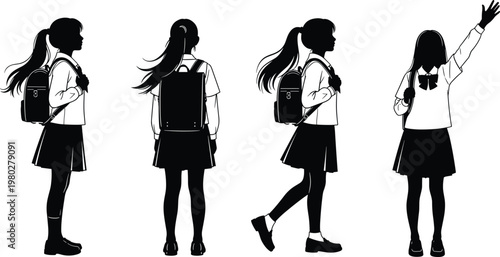 School girl silhouettes collection featuring student with backpack in different poses isolated black vector illustration set for education lifestyle design use