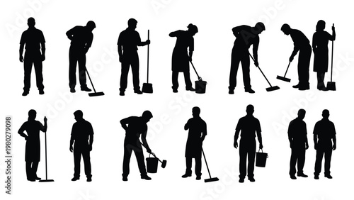 A collection of black silhouette figures depicting diverse cleaning staff performing various janitorial tasks with equipment high quality professional detailed modern