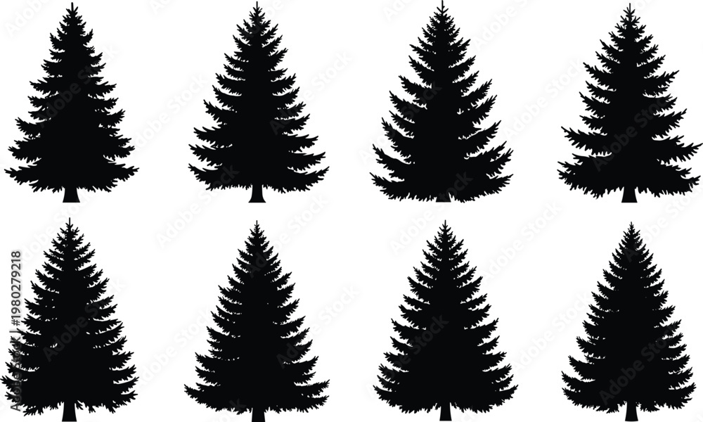 Obraz premium Set of pine tree silhouettes collection, detailed evergreen forest vector illustrations isolated on white background for nature design and branding