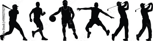 Sports silhouette collection vector set featuring baseball basketball and golf players action poses isolated black athlete figures for design