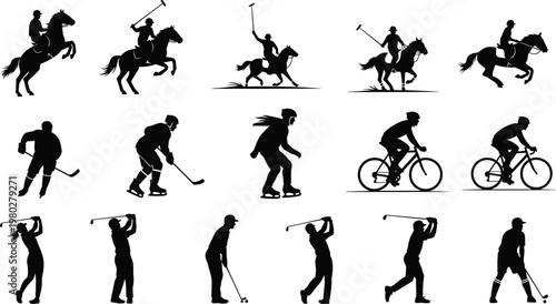 Sports activities silhouette collection vector set featuring polo cycling hockey skating and golf players isolated black athlete figures for design