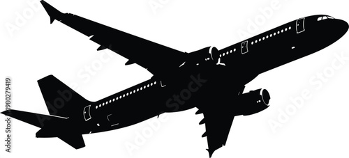 Airplane silhouette in flight, commercial passenger jet vector illustration isolated on white background for travel and aviation design