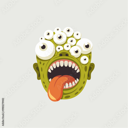Multi eyed monster head with wide open mouth.