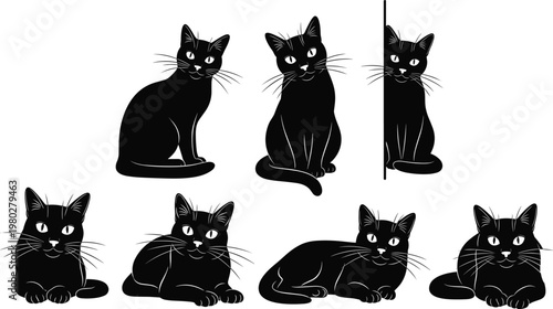 Black cat silhouettes collection featuring sitting and lying domestic cats isolated black vector illustration set for pet and animal design use