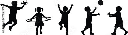 Black silhouettes of children playing with toys, ball, and hula hoop, dynamic outdoor recreation design for illustration and pattern use