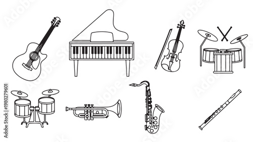 Various Musical Instruments Isolated On White For Music Education Concepts