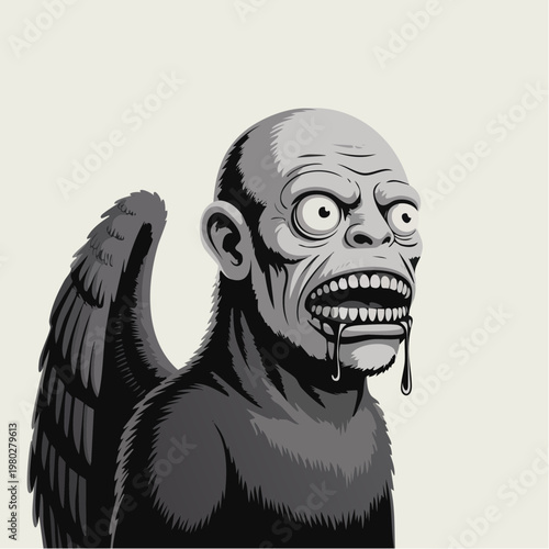 Surreal winged zombie character with eerie stare.