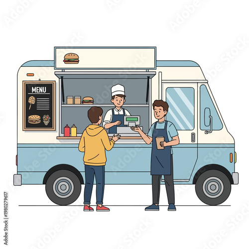 Flat vector illustration of a light blue and white food truck with a chef taking orders at a register, a customer in a yellow hoodie, and a server with a cup standing outside.